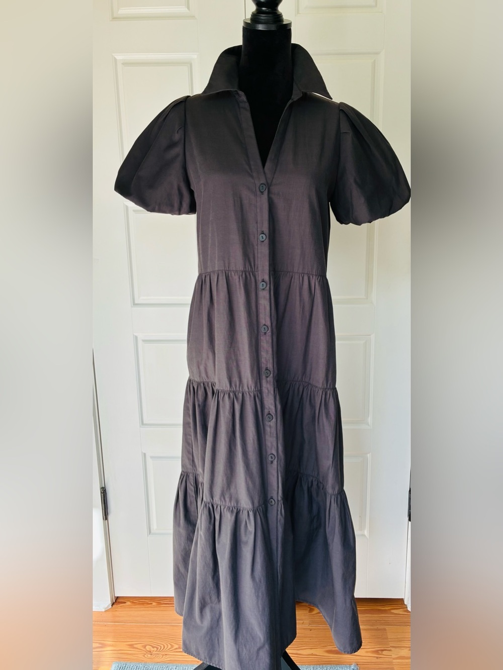Brochu Walker The Havana Tiered Maxi Shirt Dress Charcoal Grey Med .Like New